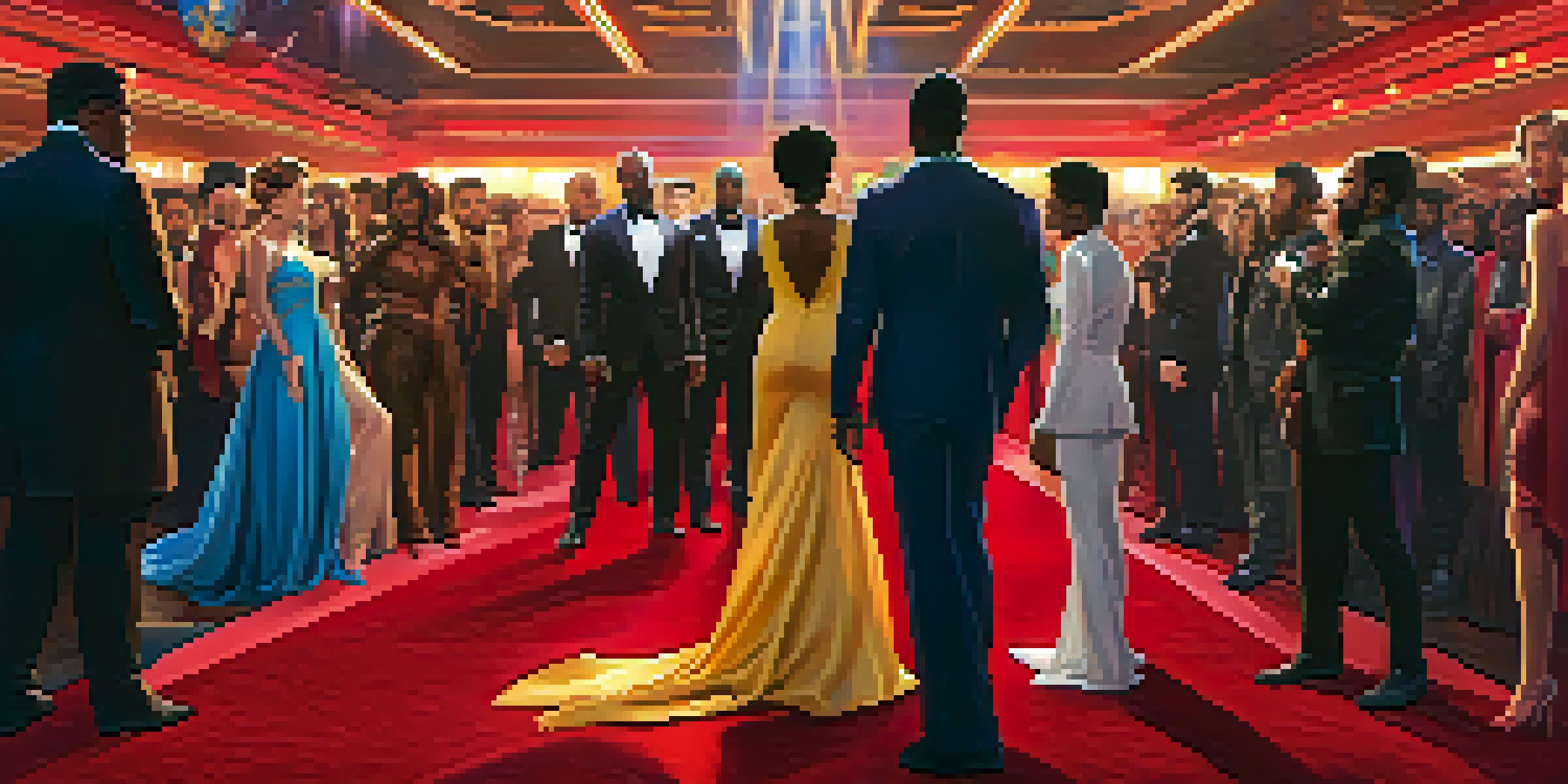 A group of diverse movie characters from various franchises posing on a red carpet, with cameras flashing and an excited crowd in the background.