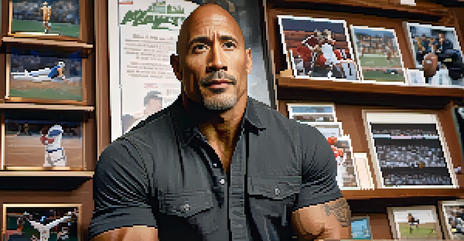 A retired athlete in a thoughtful pose, surrounded by sports memorabilia, reflecting on his career.