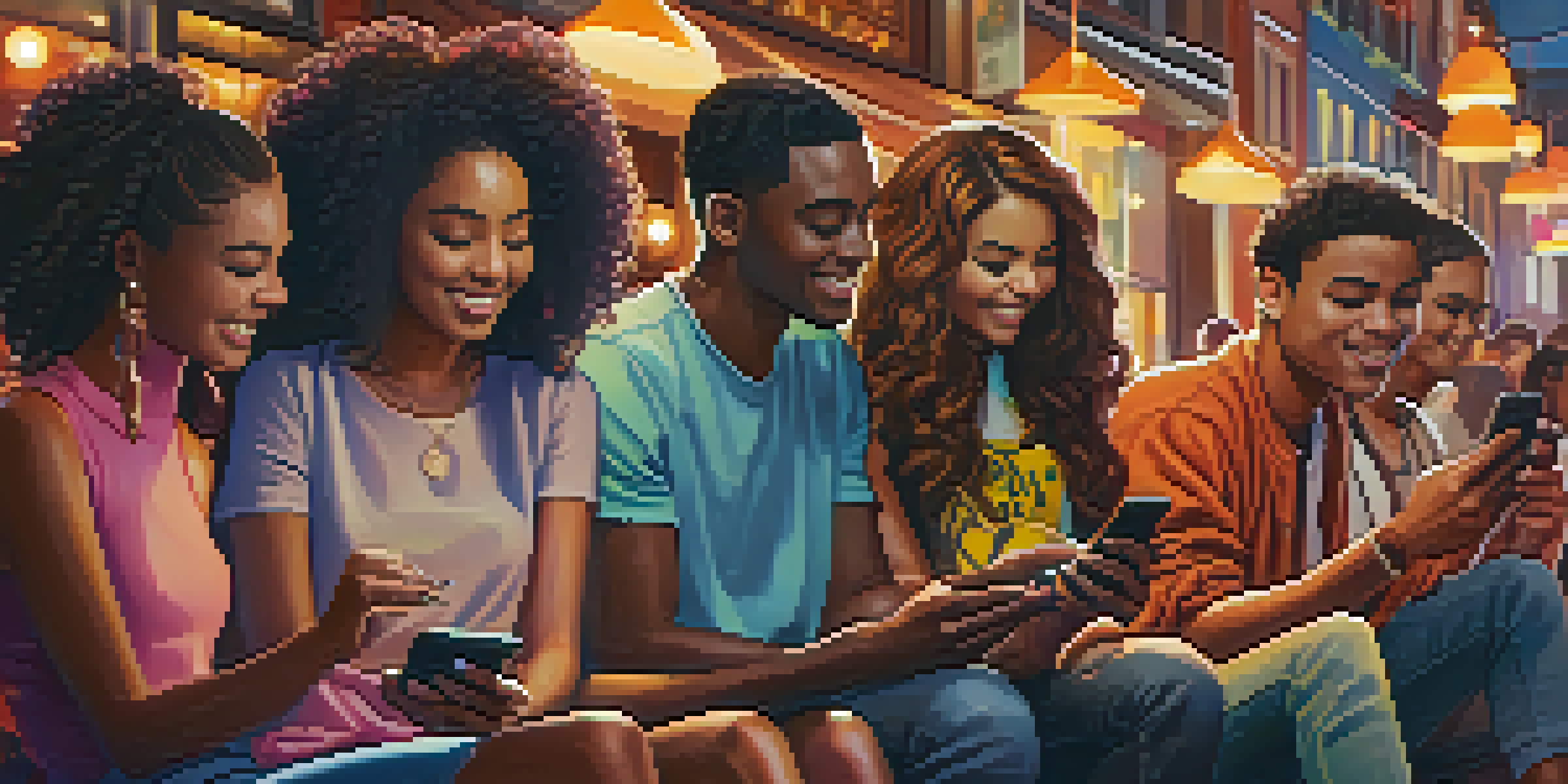 A diverse group of young adults using smartphones in a vibrant café, representing social media engagement.