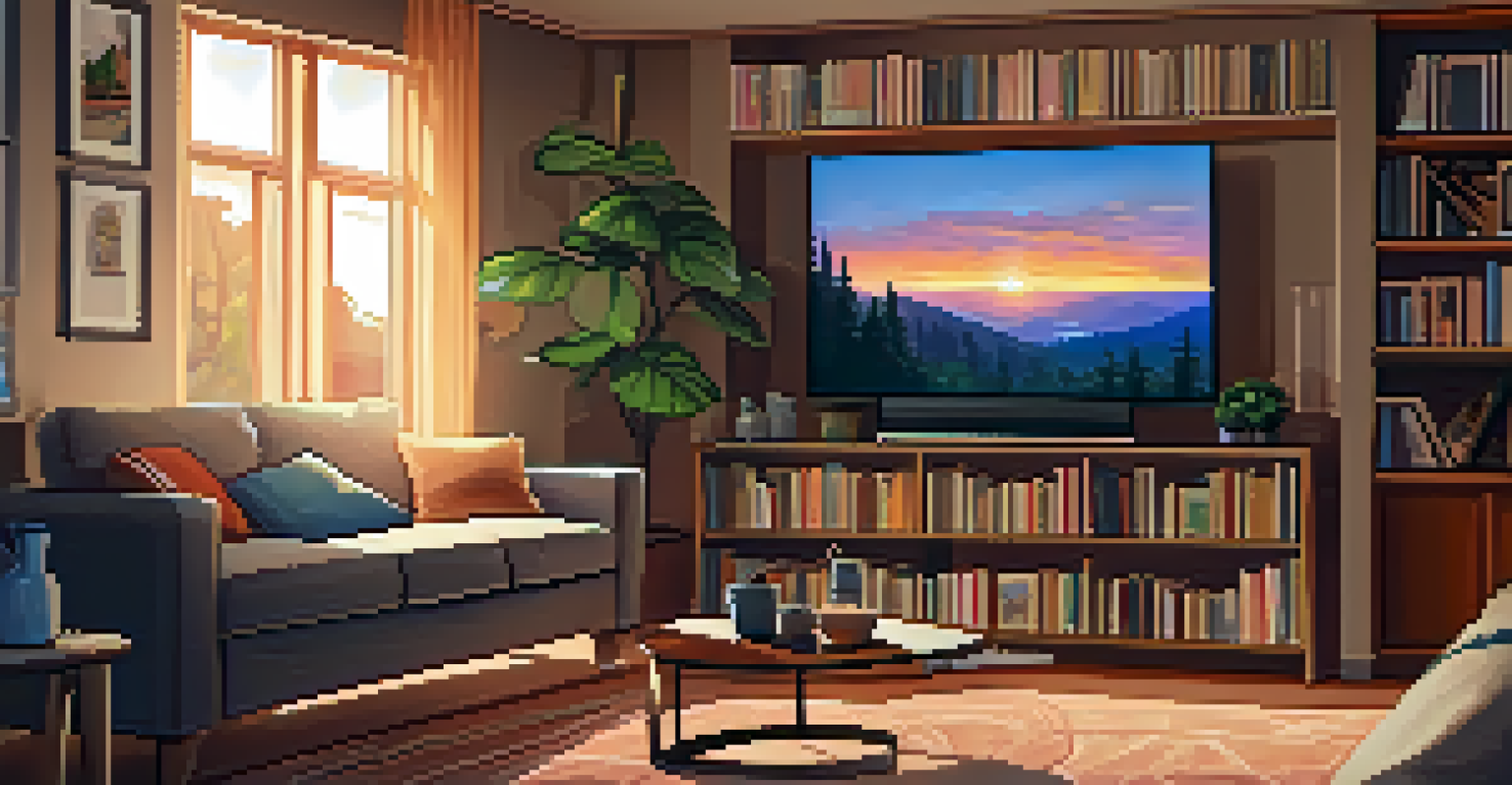 A living room with shelves of documentary films, a TV displaying a documentary, and warm lighting creating an inviting atmosphere.