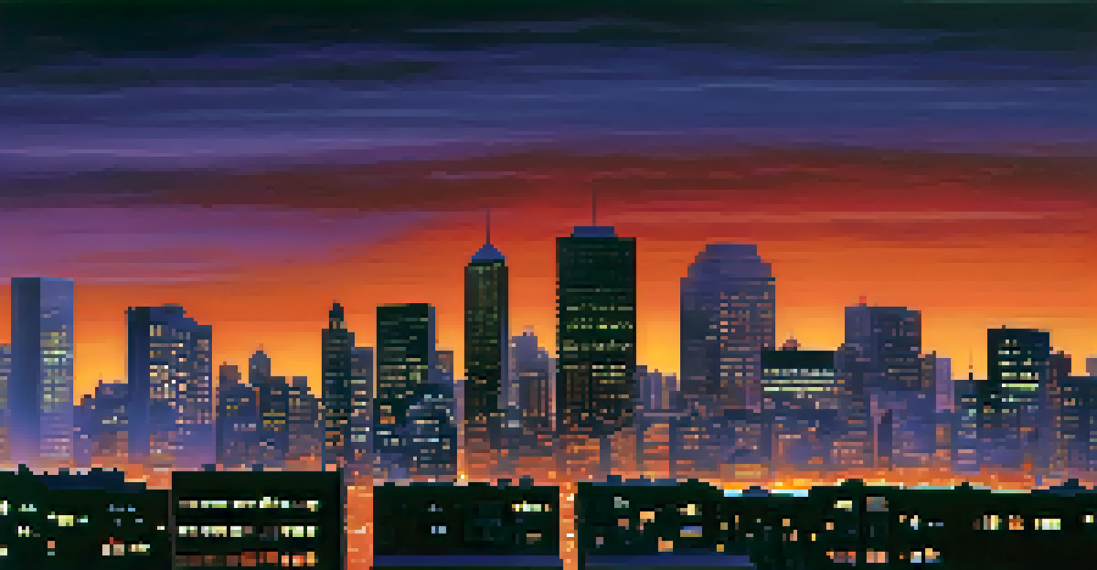 A city skyline at dusk with illuminated windows, representing lives affected by HIV/AIDS, set against a vibrant orange and purple sky.