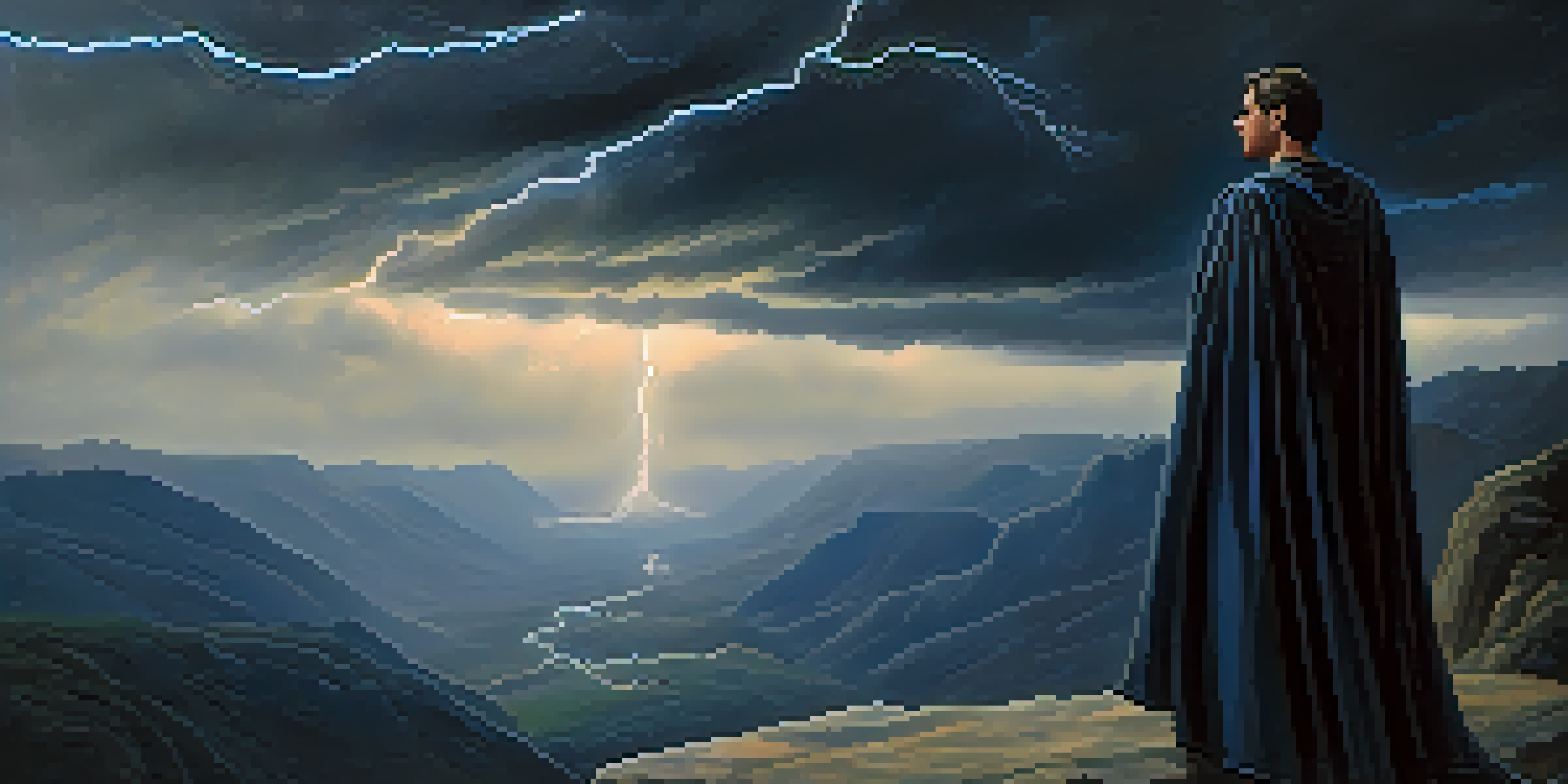 A hero with a cape stands on a cliff, looking out over a stormy valley illuminated by lightning.
