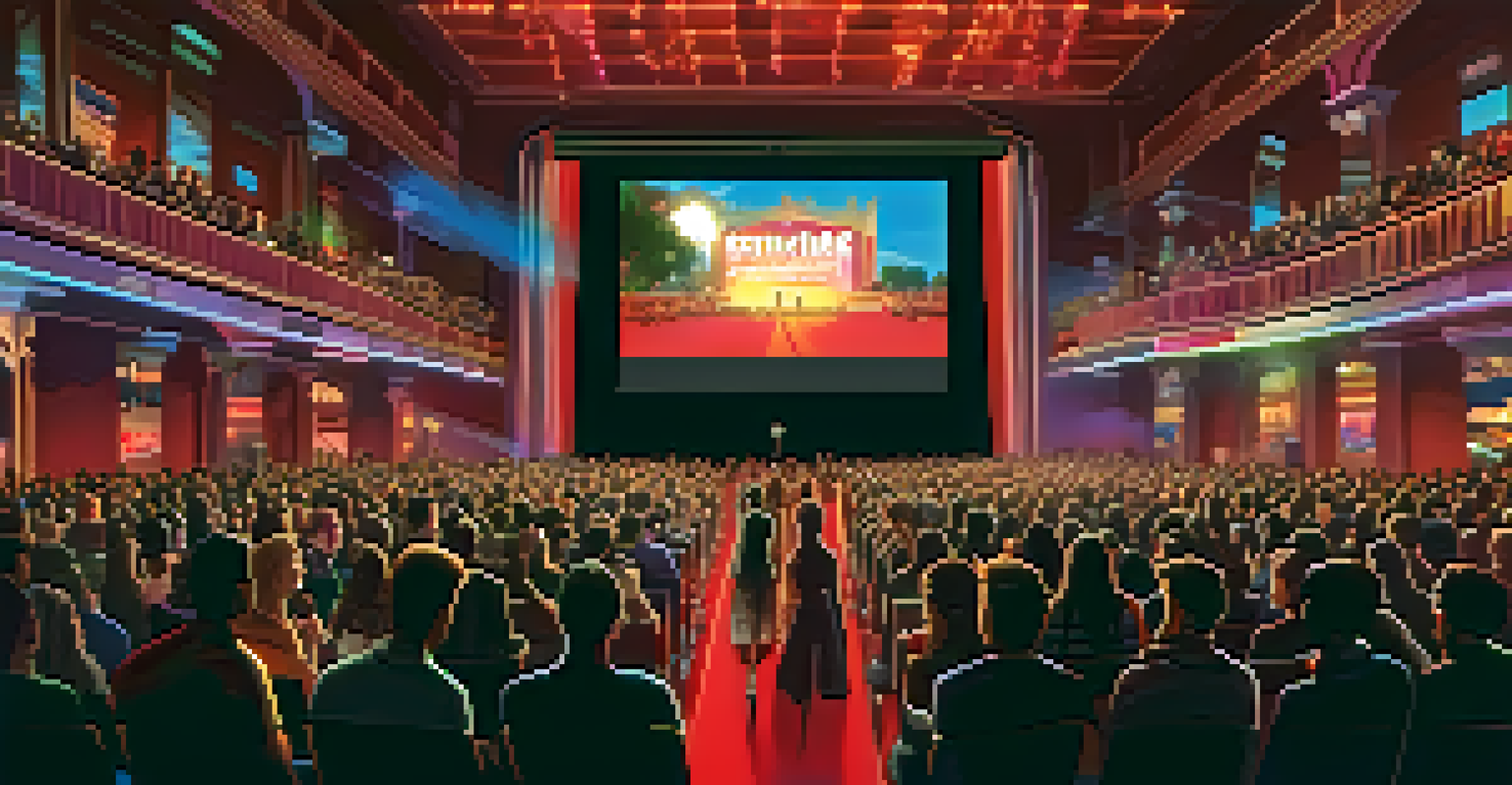A lively film festival scene with a large screen showing a film, surrounded by an engaged audience and colorful lights in the venue.