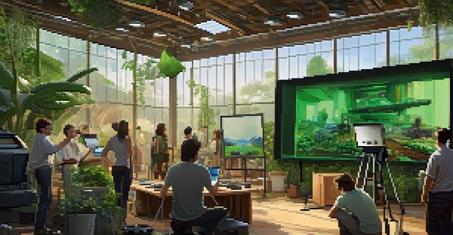 A film set emphasizing sustainability with filmmakers discussing around a digital monitor and solar panels in the background.