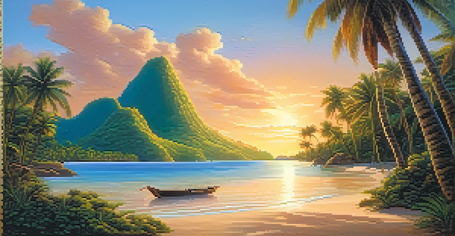 An animated character exploring a beautiful beach inspired by Polynesian culture at sunset.