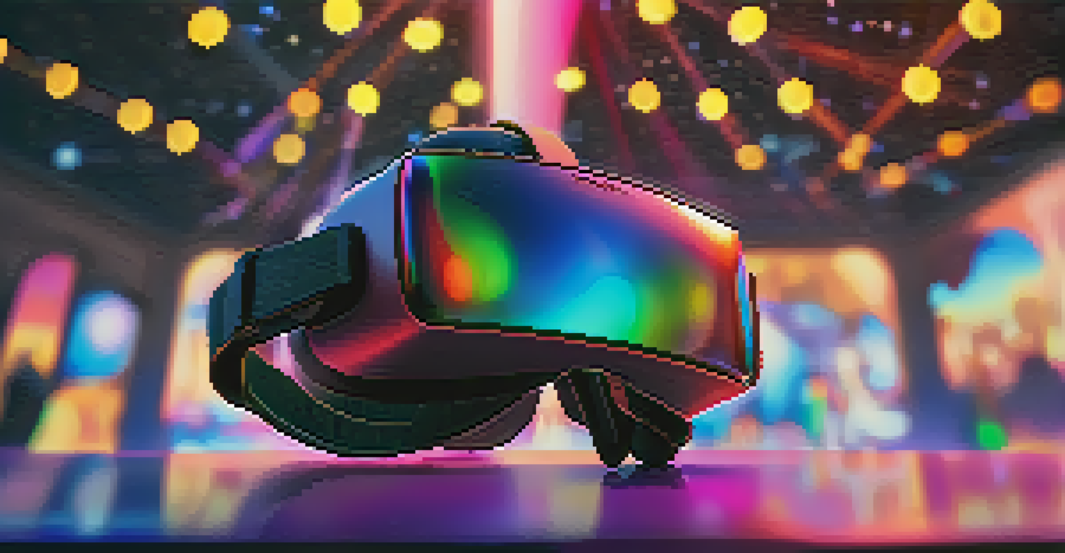 A close-up of a VR headset on a table with festival lights reflecting in the lenses and blurred figures in the background.