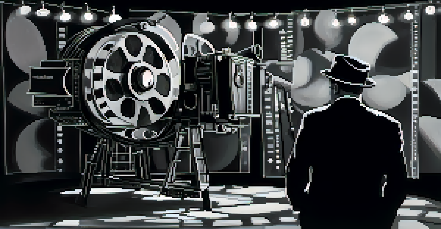 A silent film director using a vintage camera on set, surrounded by film reels and intertitles, in a black-and-white artistic style.