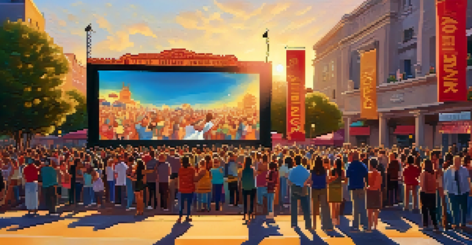 A lively outdoor film festival with a diverse crowd watching a movie on a large screen at sunset.