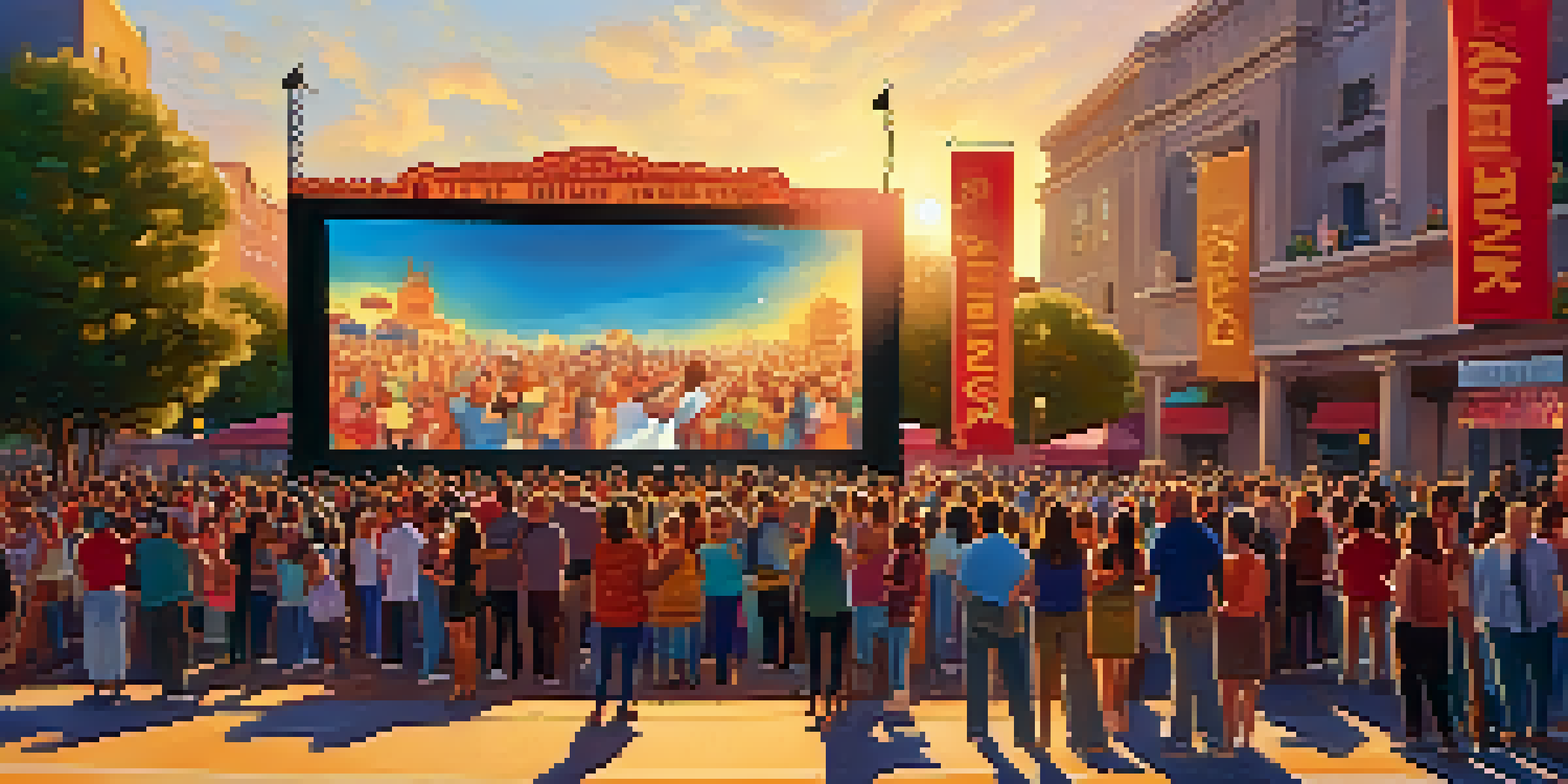 A lively outdoor film festival with a diverse crowd watching a movie on a large screen at sunset.