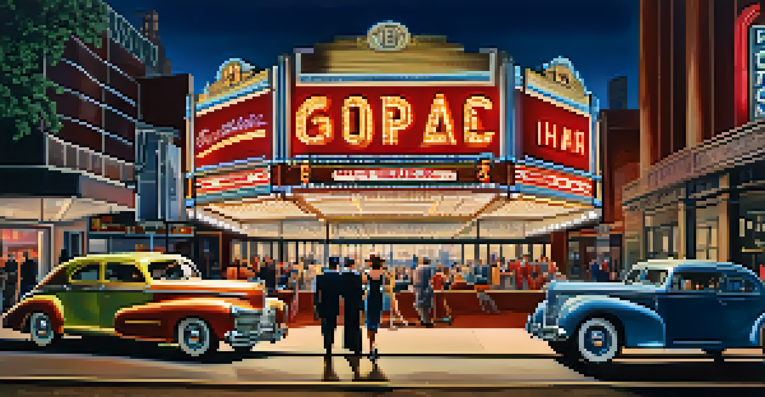 A vintage movie theater marquee with a couple in 1940s attire admiring it.
