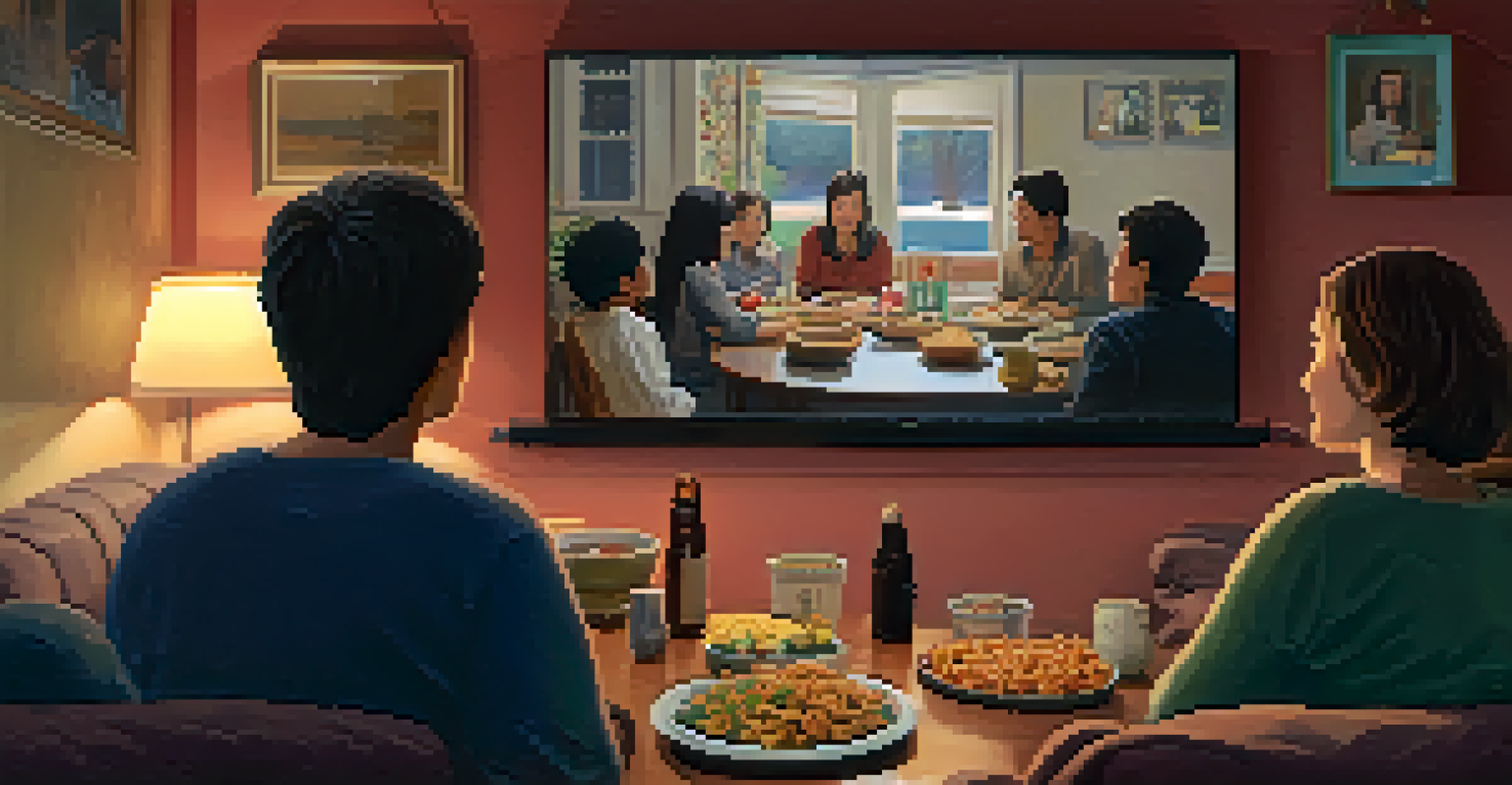A family enjoying an international film in a cozy living room, with a warm ambiance and a framed poster of 'The Farewell' on the wall.