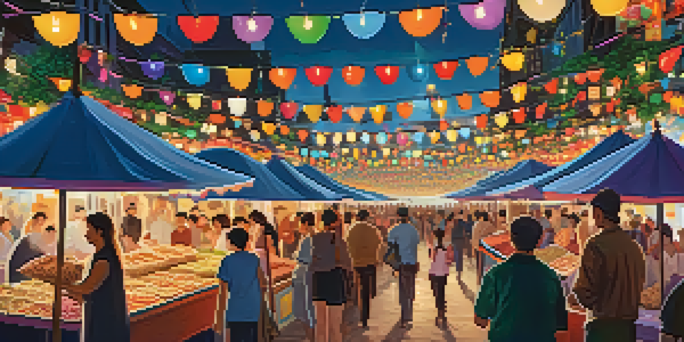 A lively outdoor film festival with diverse attendees, colorful umbrellas, and large screens showing film trailers, creating a festive atmosphere.