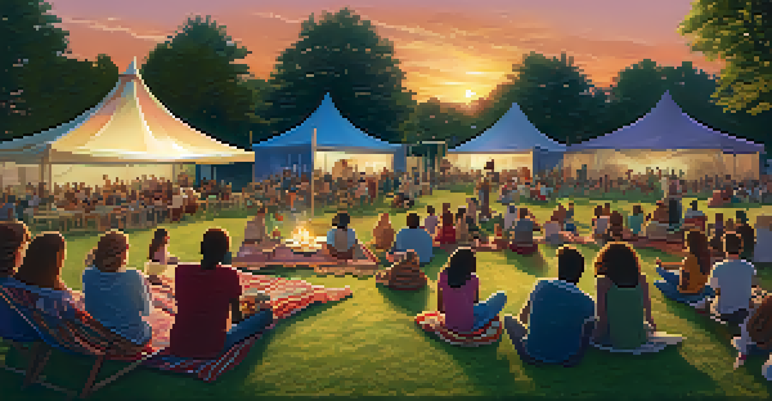 A park filled with people enjoying an outdoor screening of a historical film at sunset.
