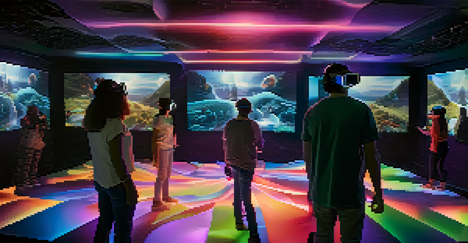 Viewers wearing VR headsets are immersed in a fantasy film world, surrounded by glowing screens and colorful lights.