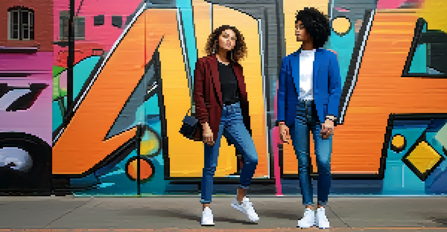 Models wearing oversized blazers with jeans and sneakers in an urban setting with colorful street art.