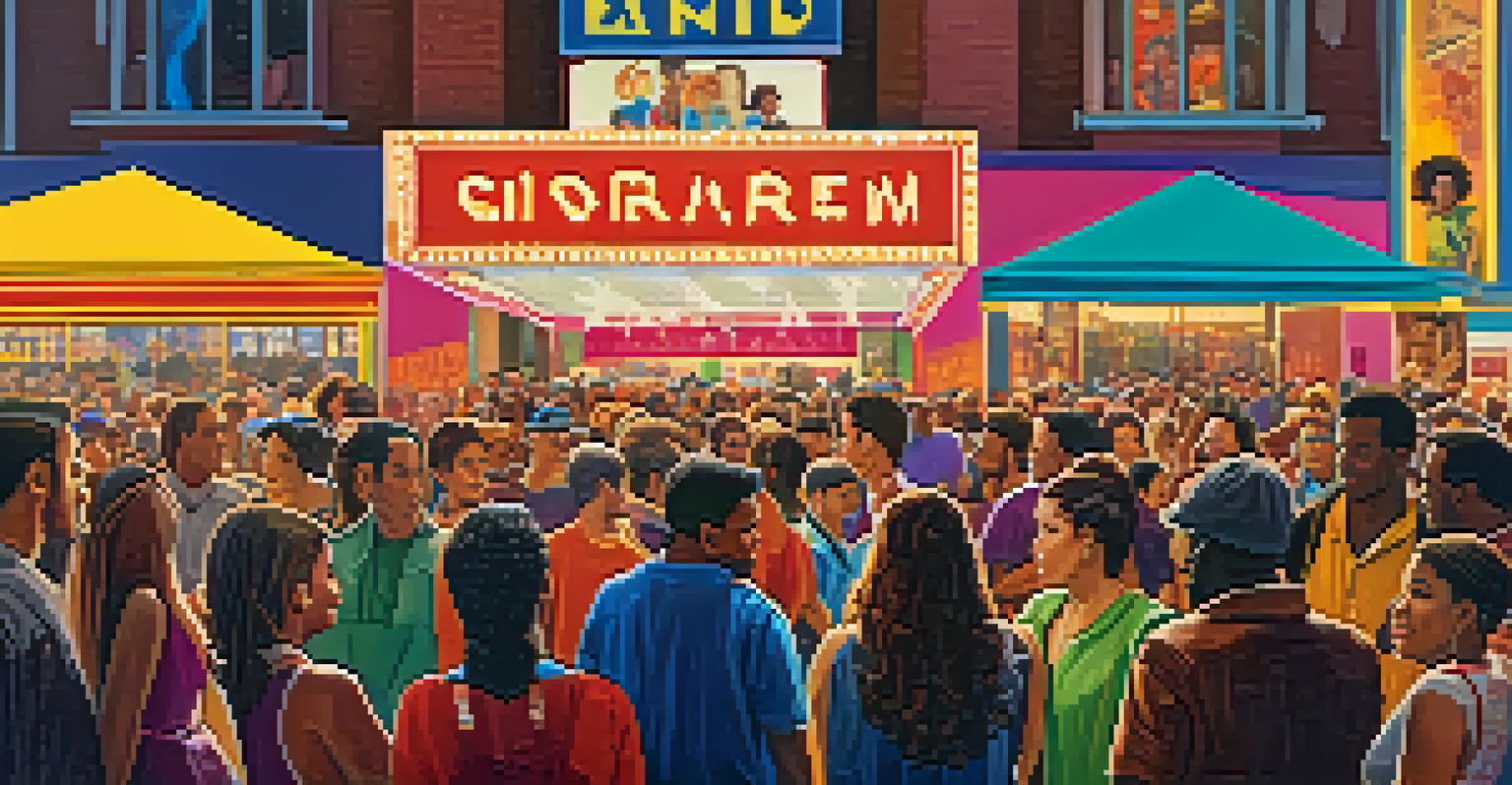 A lively film festival scene with a diverse crowd enjoying the event.
