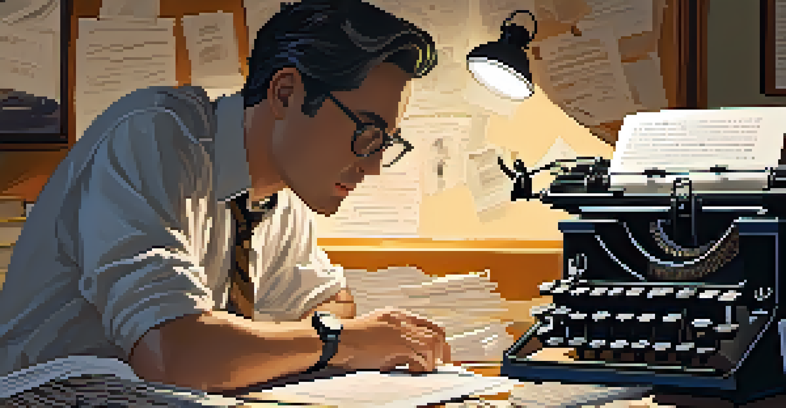 A screenwriter working at a vintage typewriter with notes and books scattered around, in a dimly lit room.