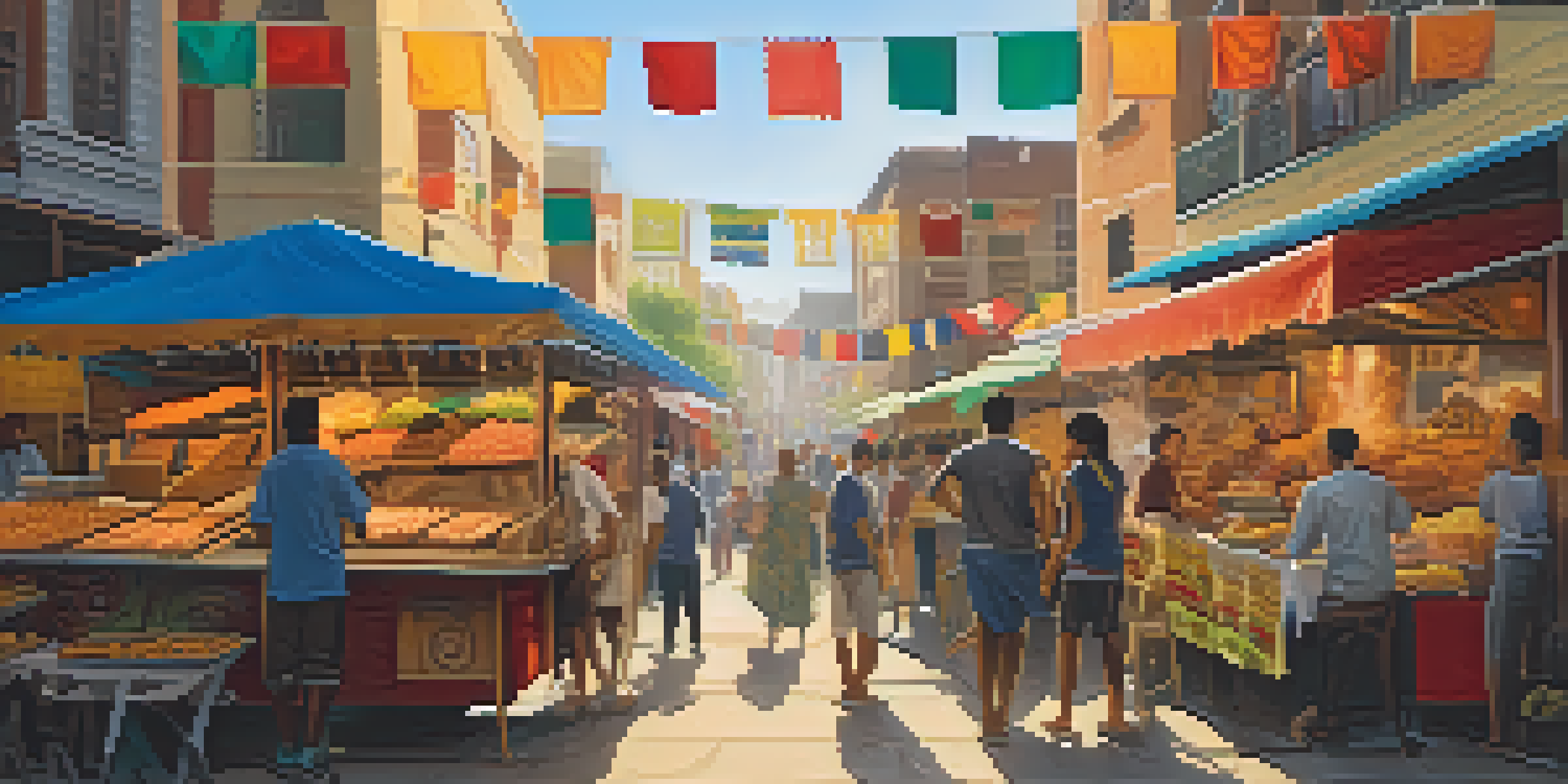 A bustling street scene with diverse food stalls and people of various ethnicities enjoying street food under sunlight.