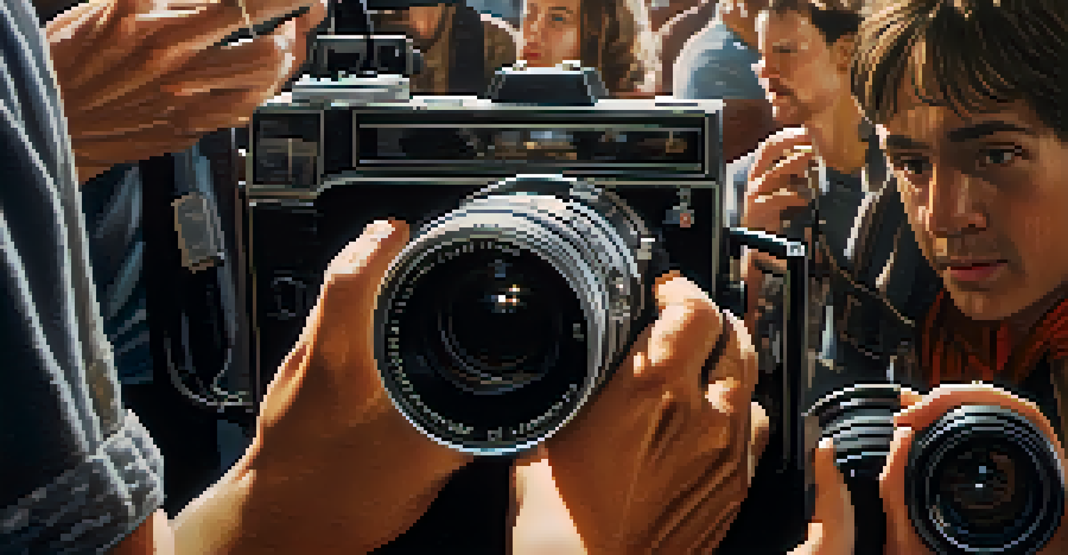 A filmmaker holding a camera while capturing a diverse group of actors performing on set, with soft lighting.