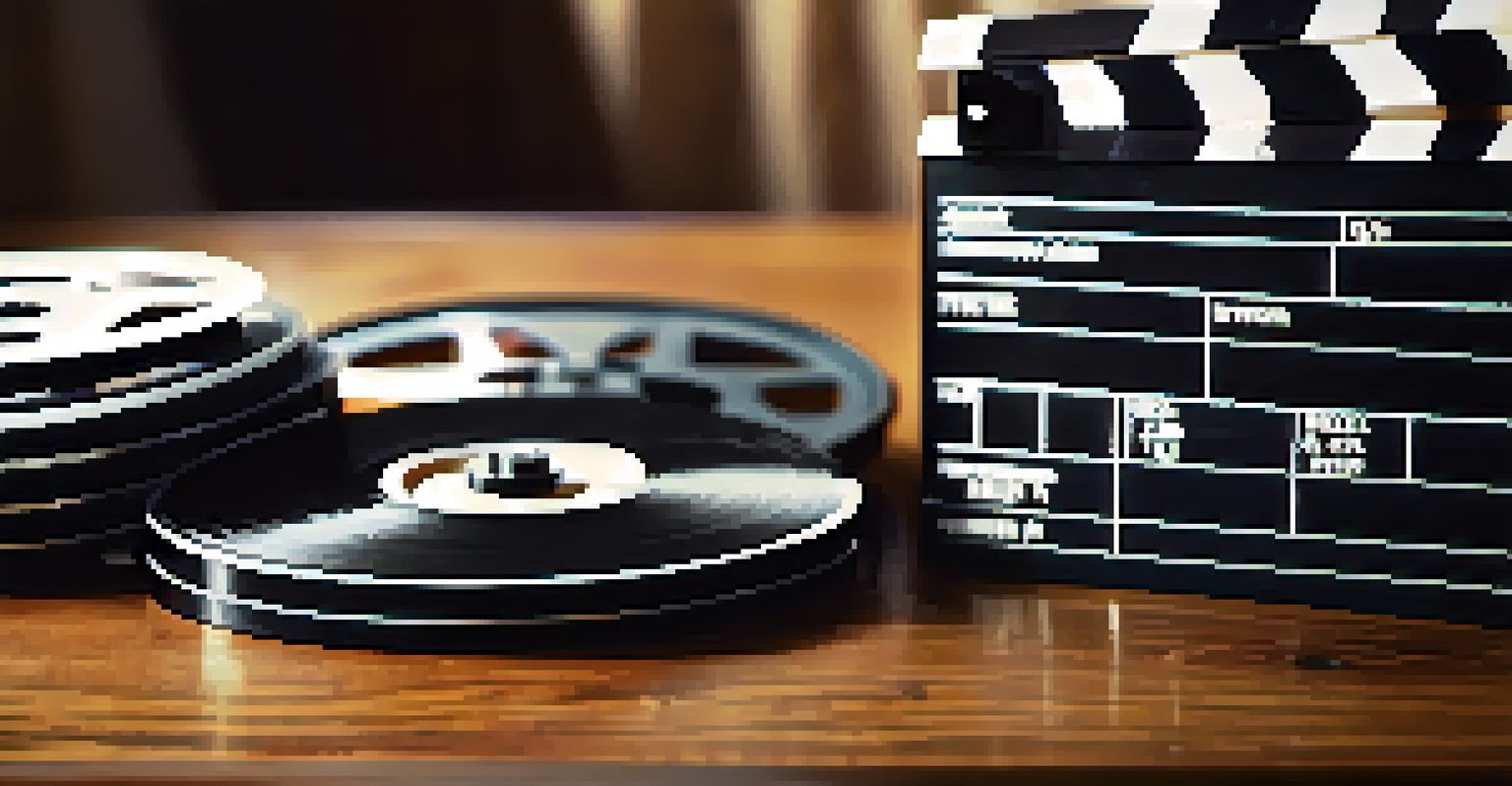 A close-up of an old film reel and clapperboard on a wooden table, with soft warm lighting highlighting their textures.