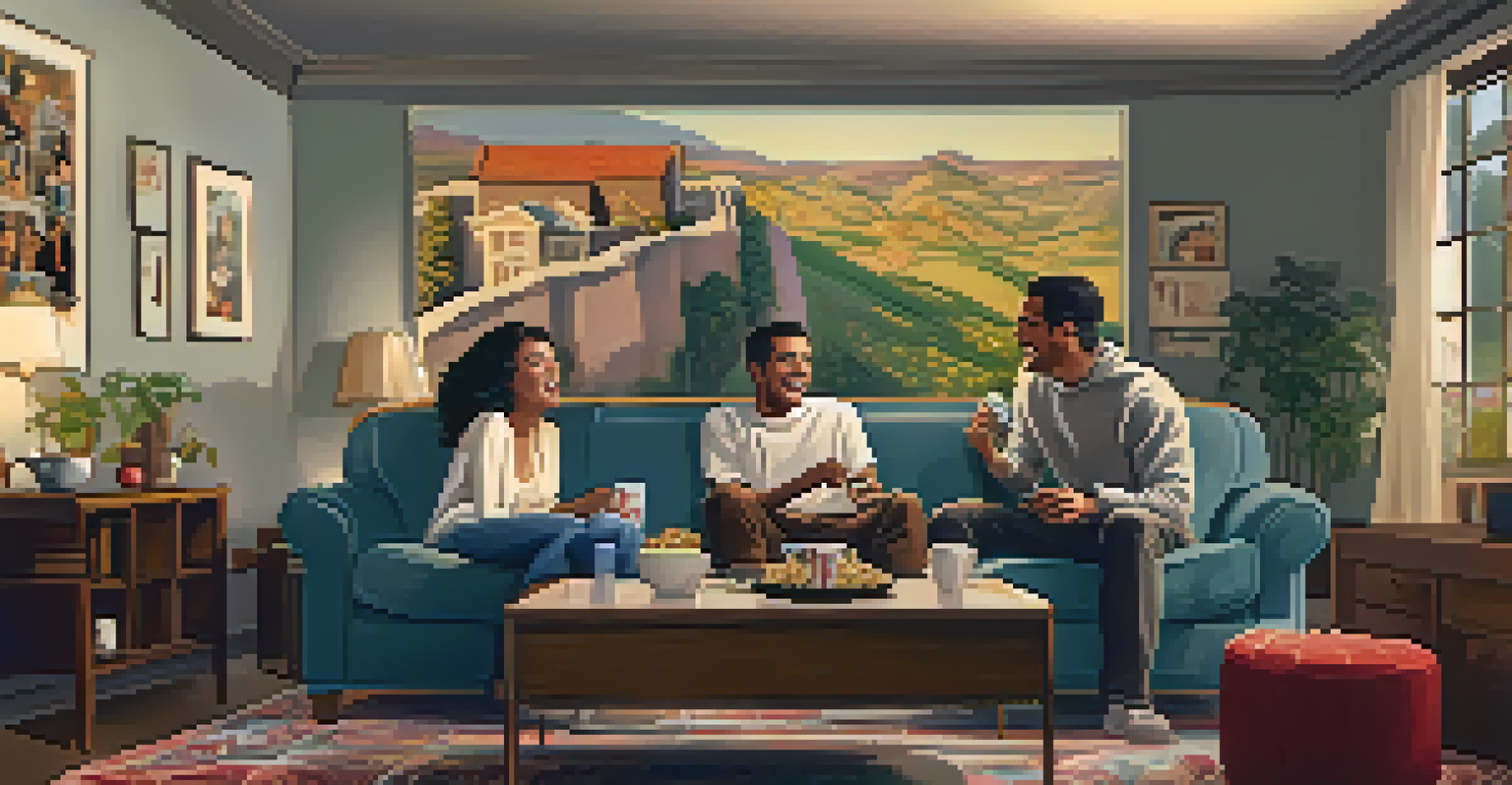 A cozy living room where friends are watching a classic Hollywood film, surrounded by snacks and movie posters.