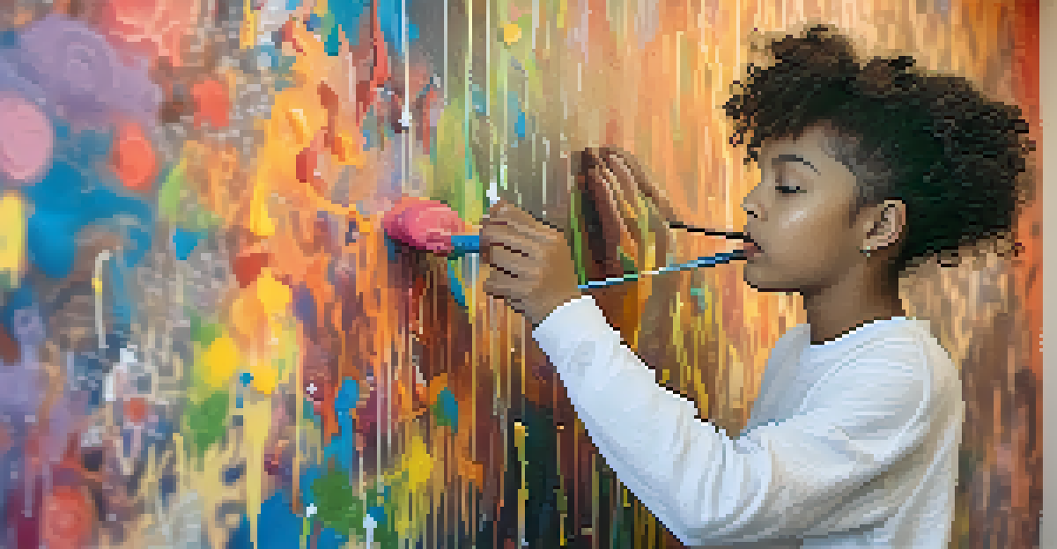 A young artist with a visible disability painting a mural, with vibrant colors and themes of empowerment in a well-lit environment.