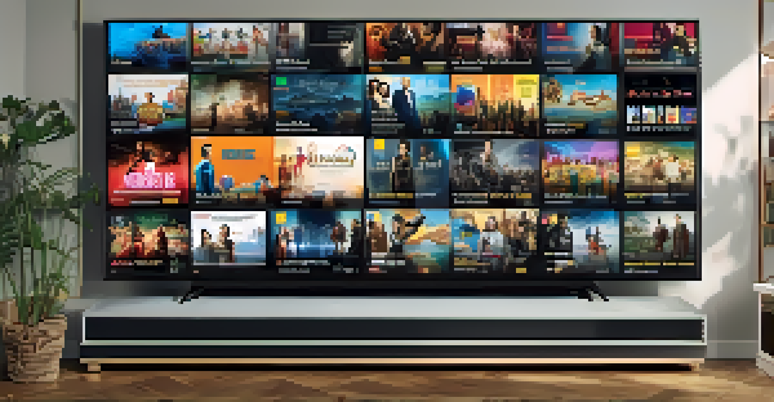An artistic view of a streaming service interface with various international films displayed on a large screen in a modern living room.