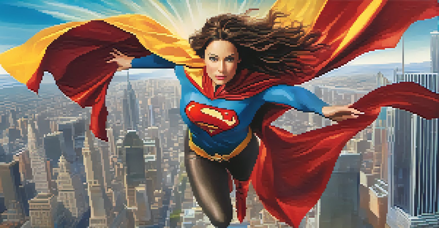 A cinematic poster of a female superhero soaring above a city skyline, depicting strength and empowerment.