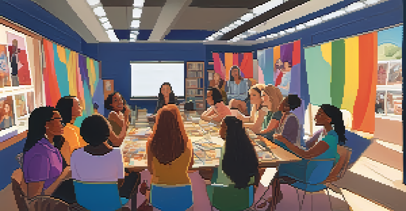 A diverse group of women filmmakers at a contemporary film festival, discussing animatedly with colorful posters around them.