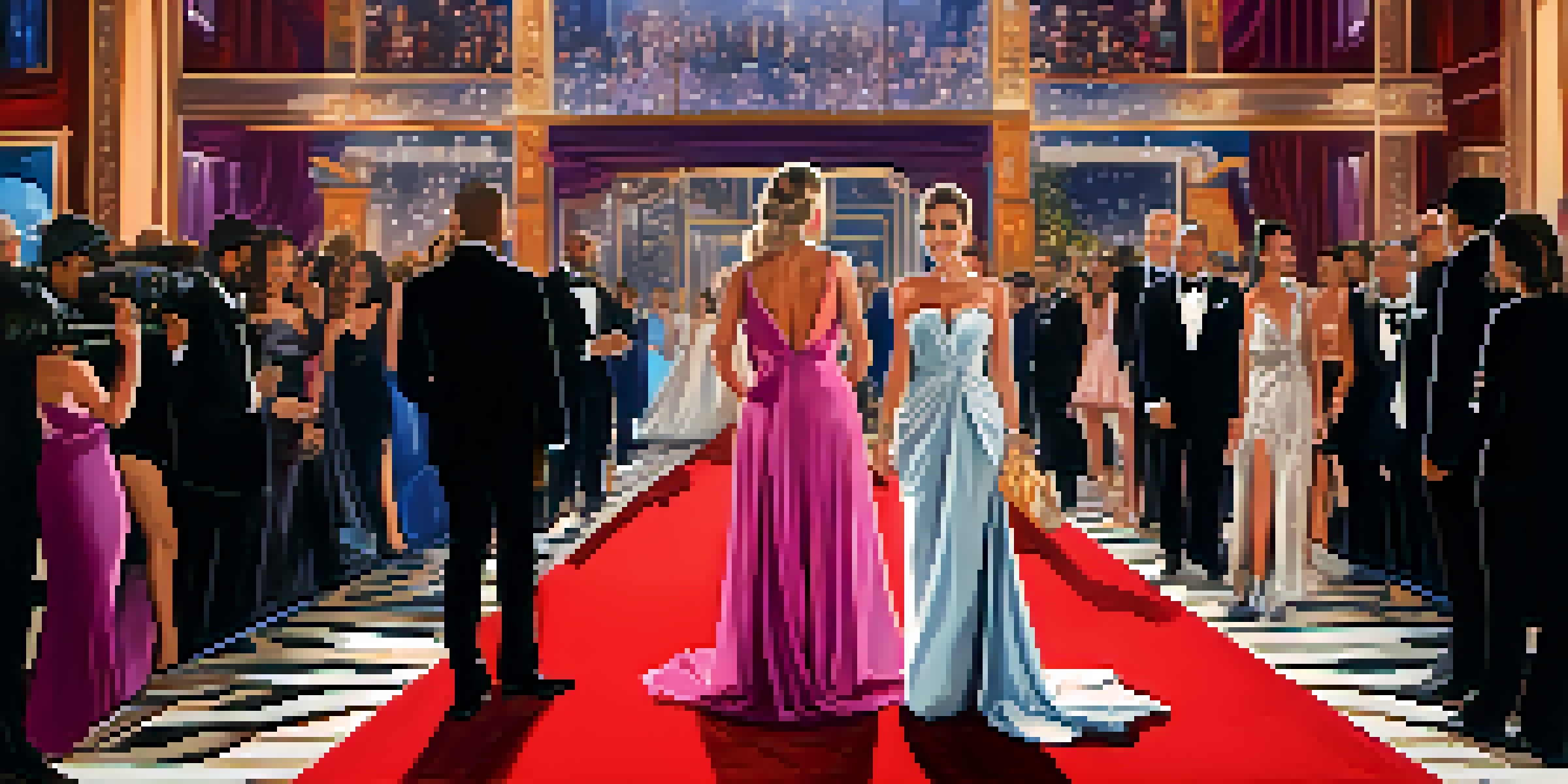 A lively red carpet event with celebrities wearing a variety of fashionable outfits under bright camera flashes.