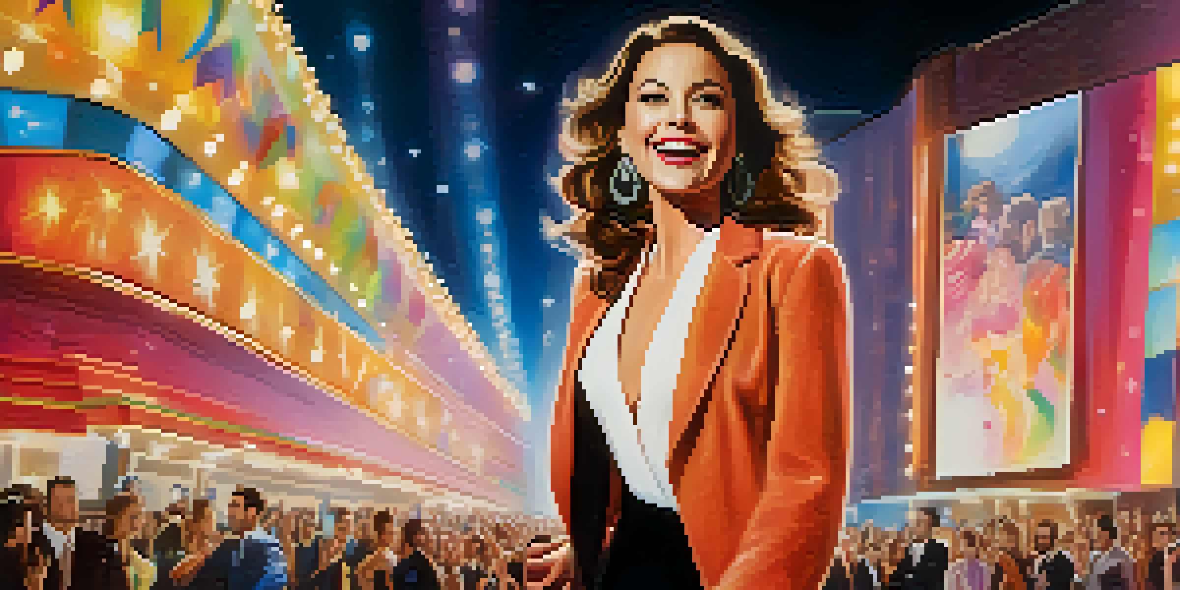 A celebrity at a movie premiere, smiling in front of a backdrop with flashing cameras and fans.