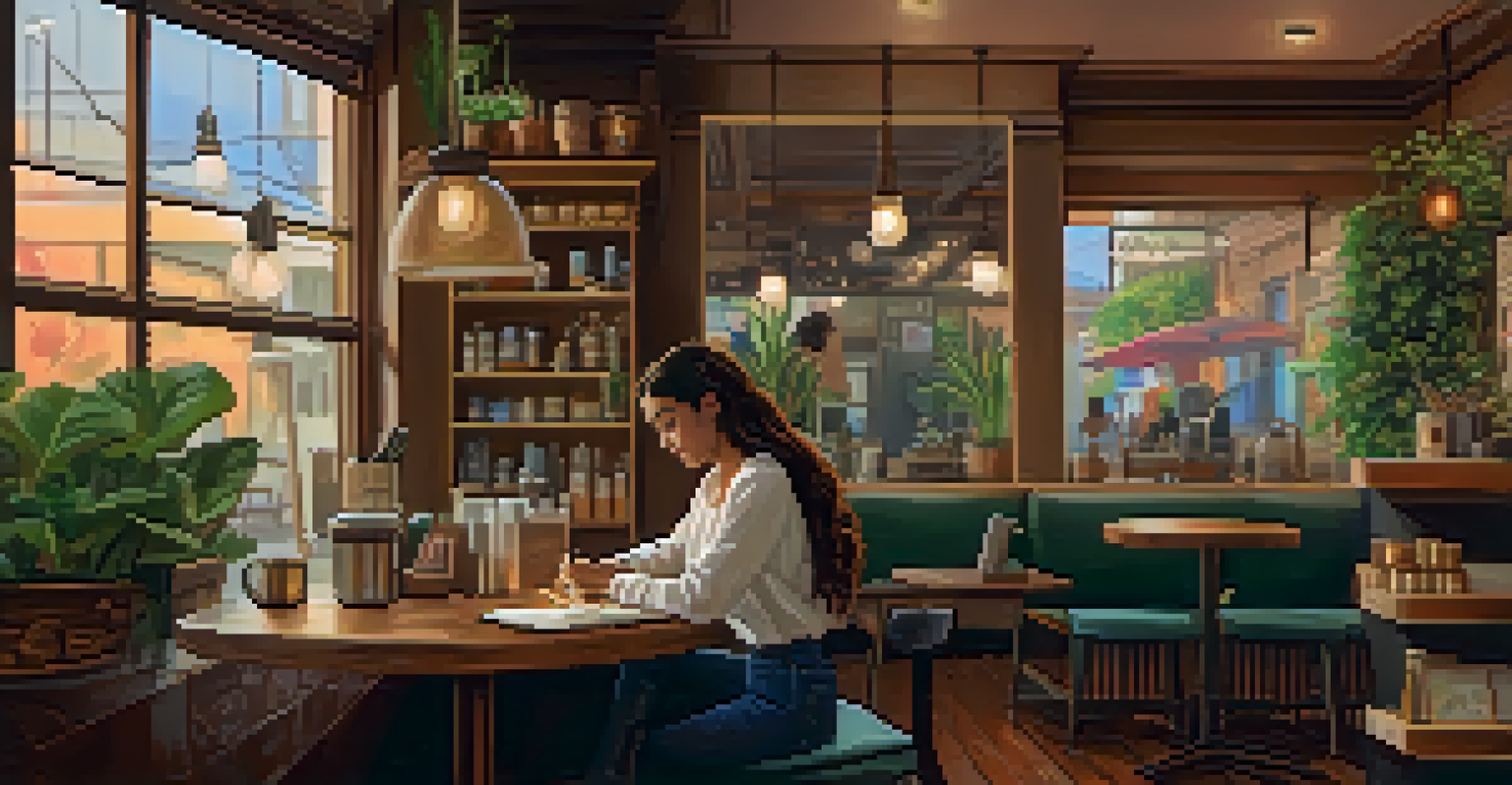 A cozy coffee shop interior with a young woman writing in her journal under soft lighting.