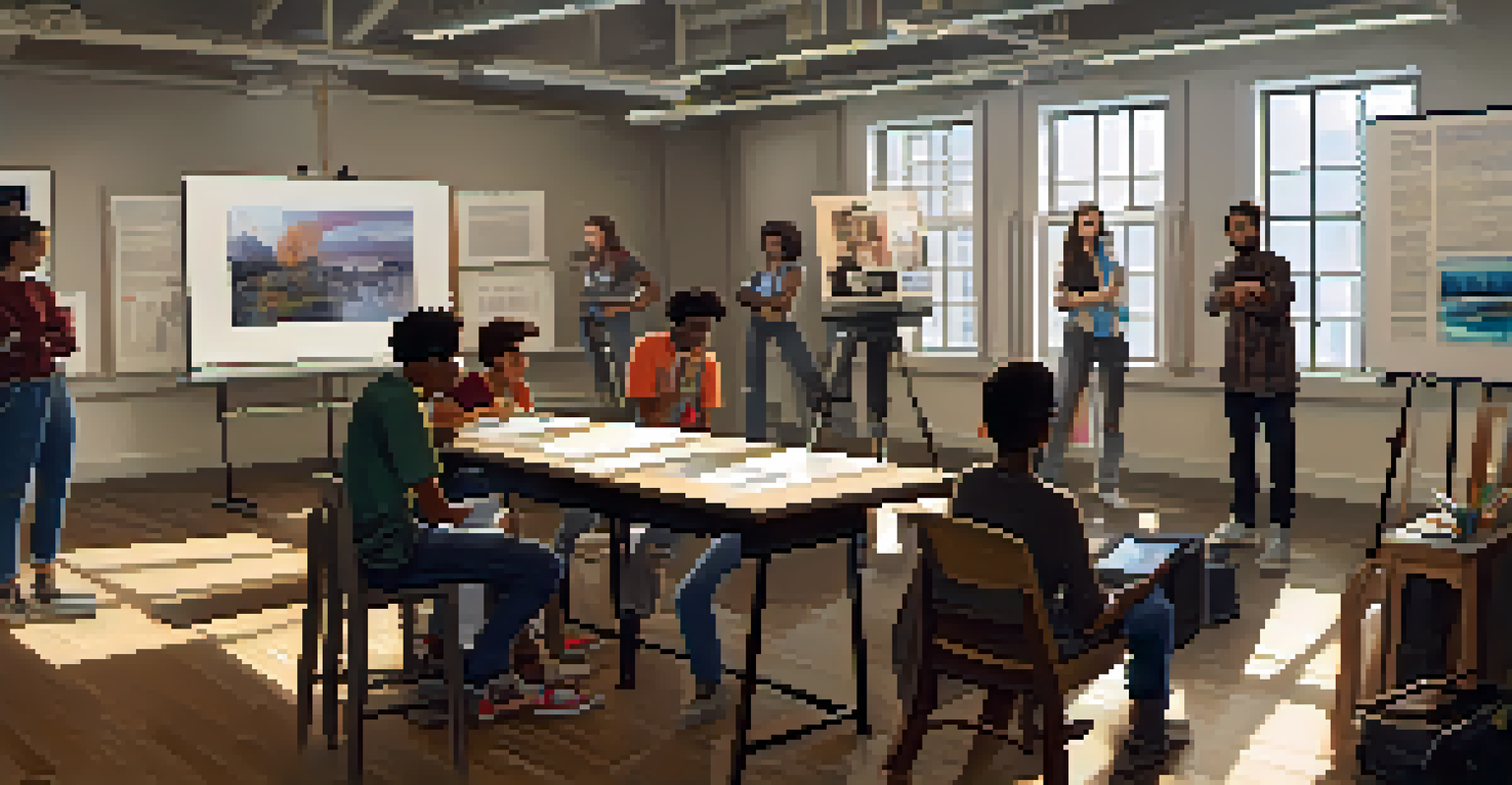 Aspiring filmmakers in a workshop discussing the importance of diverse storytelling in a well-lit classroom.