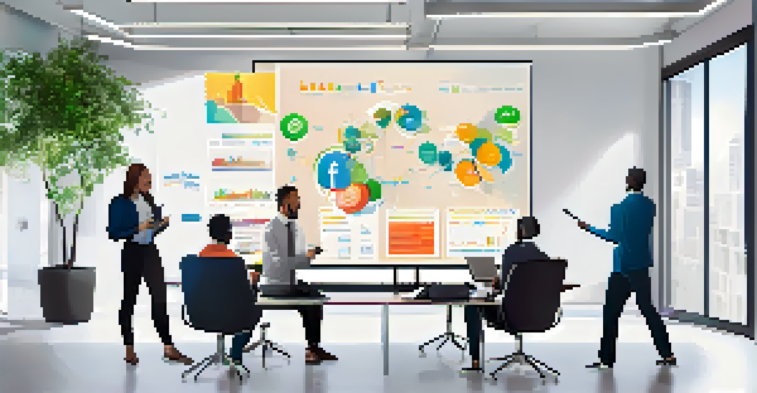 A diverse digital marketing team in a modern office, discussing social media analytics displayed on a large screen, surrounded by plants and bright decor.