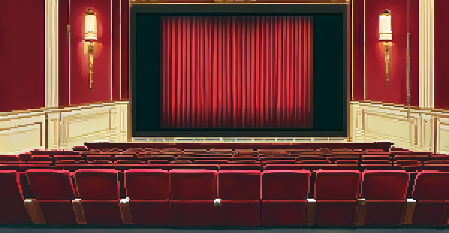 An inviting movie theatre interior with red velvet seats and a classic film scene on the screen, illuminated by soft lighting.