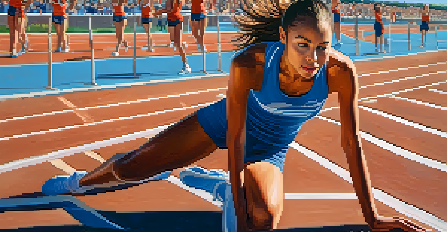 A female athlete stretching on an outdoor track with spectators in the background under a sunny sky.