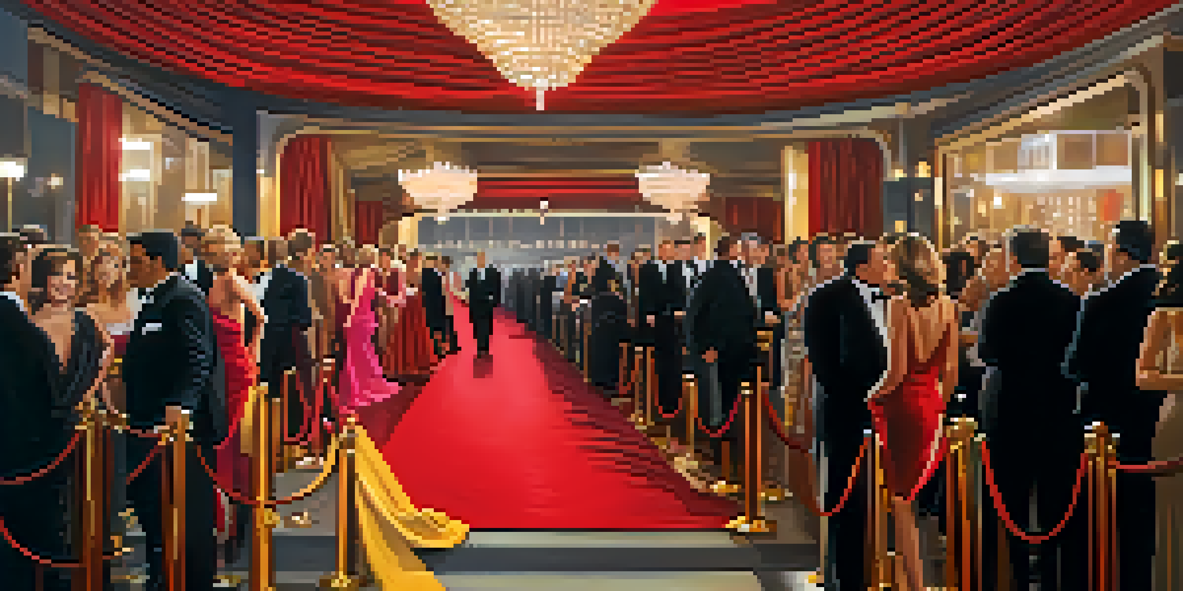A glamorous Hollywood red carpet event with celebrities dressed elegantly, illuminated by bright lights.
