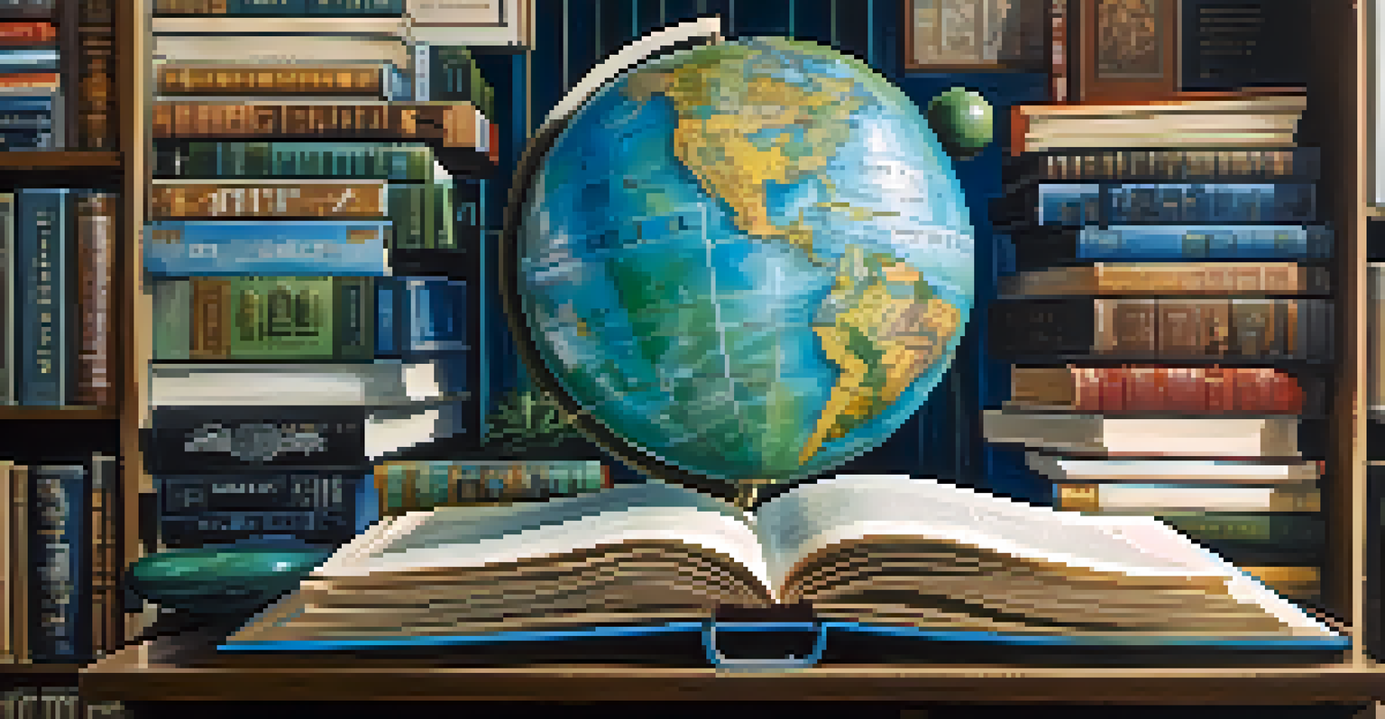 A creative globe made of book covers from around the world, surrounded by film reels and a projector, representing global literature and cinema.