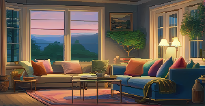 A warm and cozy living room with a fireplace, a comfortable sofa with colorful cushions, and a wooden coffee table filled with books, all set against a twilight backdrop visible through a large window.