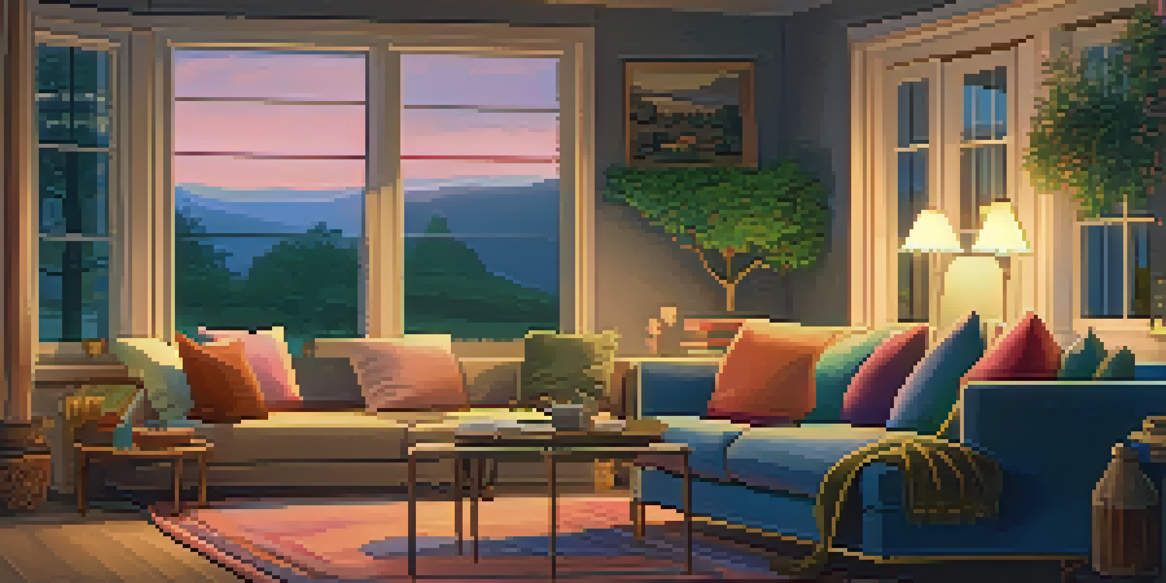 A warm and cozy living room with a fireplace, a comfortable sofa with colorful cushions, and a wooden coffee table filled with books, all set against a twilight backdrop visible through a large window.