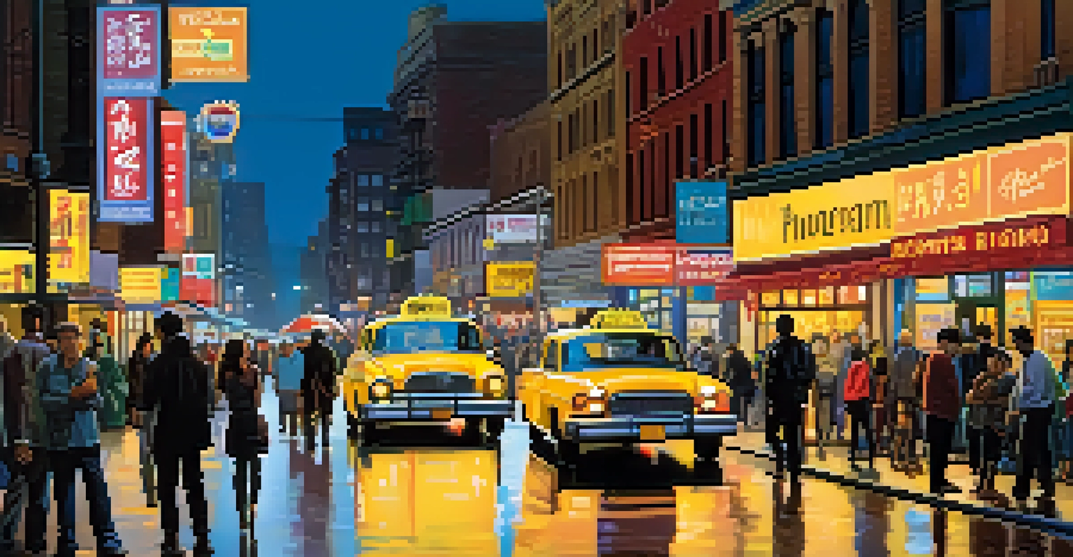 A lively city street at night filled with neon lights, pedestrians, and a yellow taxi, showcasing urban life.