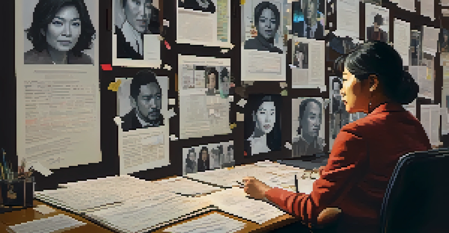 A casting director reviewing headshots on a board, emphasizing diversity in casting.