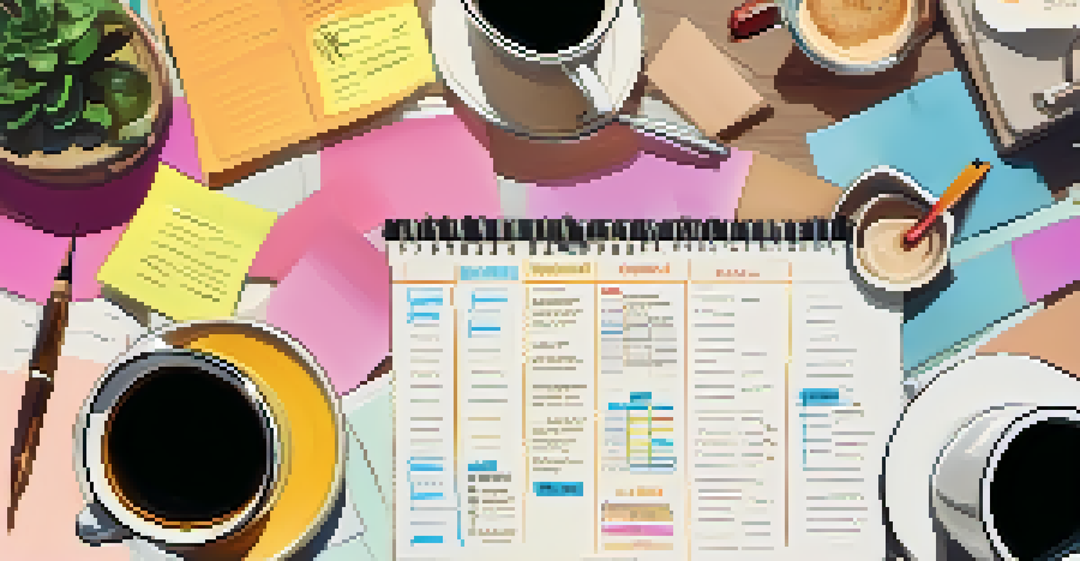 An overhead view of a detailed film production schedule with colorful highlights and sticky notes on a table.