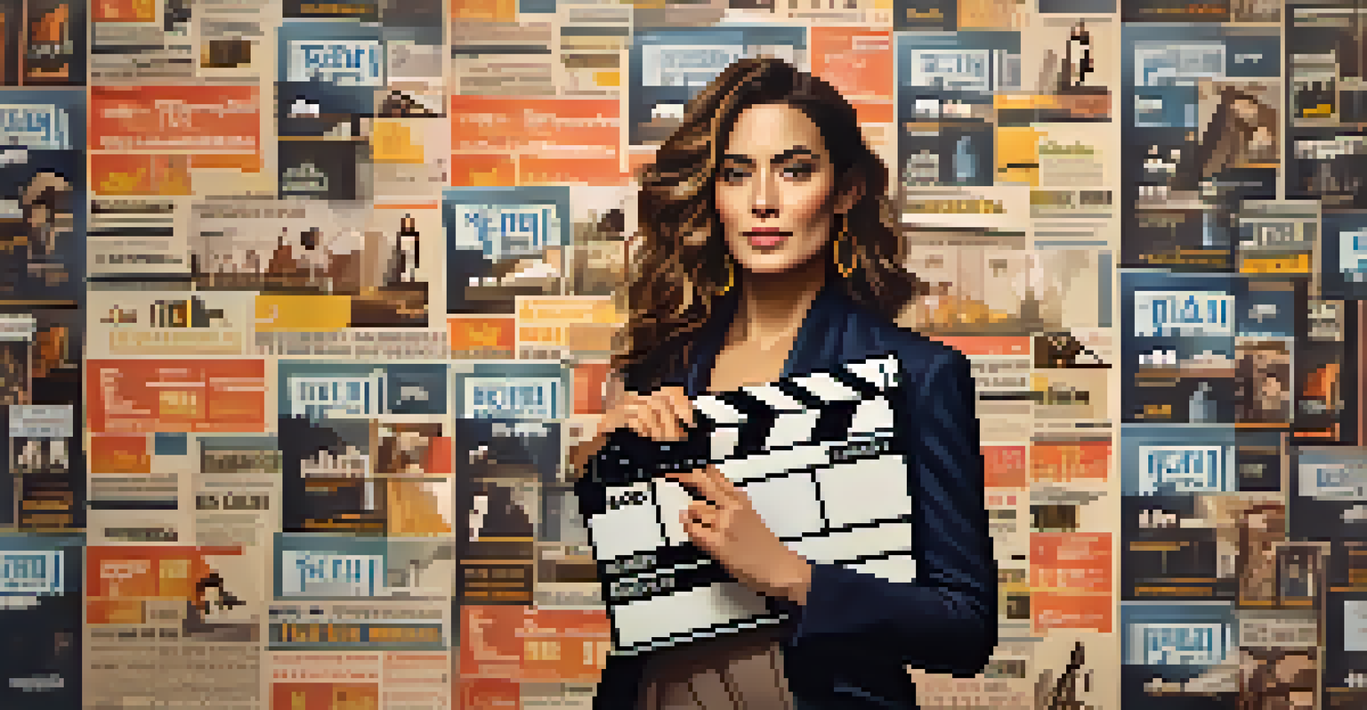 A confident female filmmaker in front of a film festival backdrop, holding a clapperboard.
