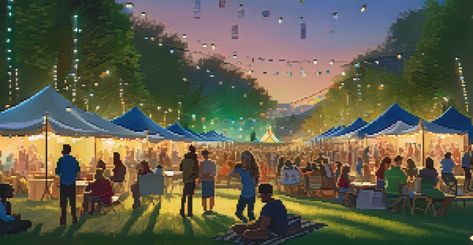 An outdoor film festival with colorful tents, diverse attendees discussing films, and a large screen showing a movie, illuminated by sunset and fairy lights.