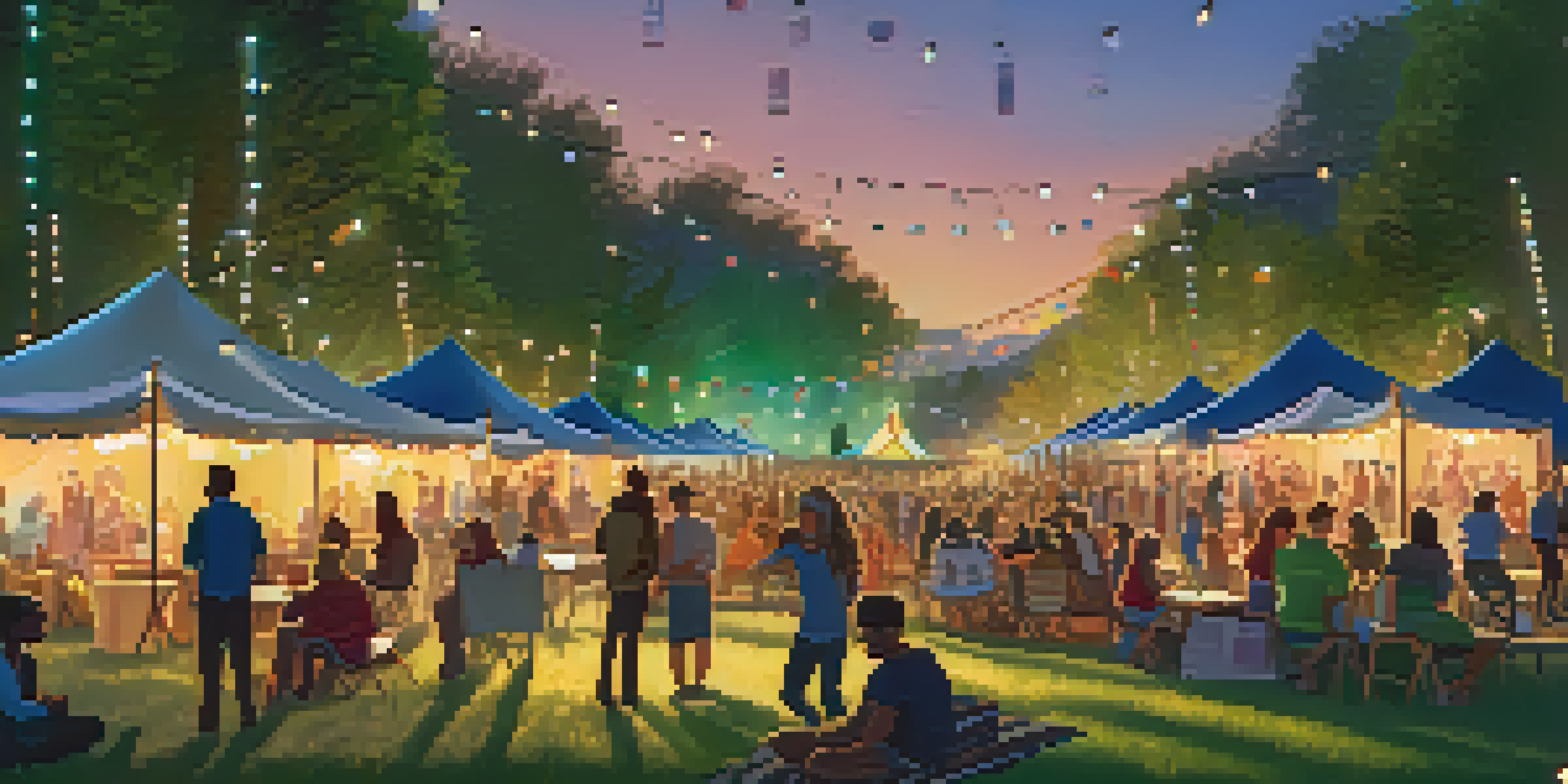 An outdoor film festival with colorful tents, diverse attendees discussing films, and a large screen showing a movie, illuminated by sunset and fairy lights.