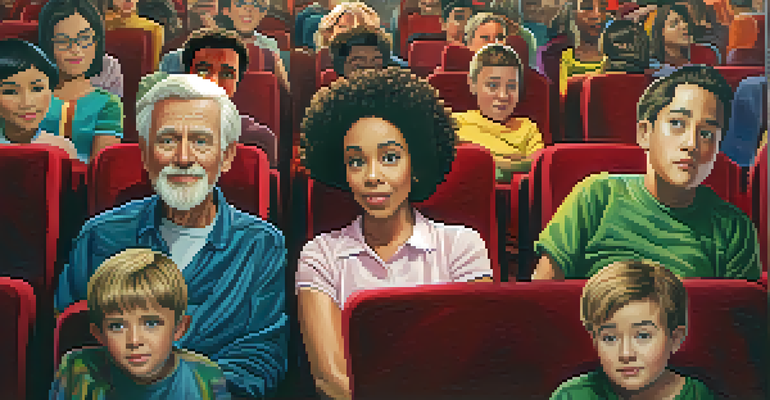 A diverse audience in a dark theater, displaying a range of emotions while watching a film, illuminated by the screen's glow.