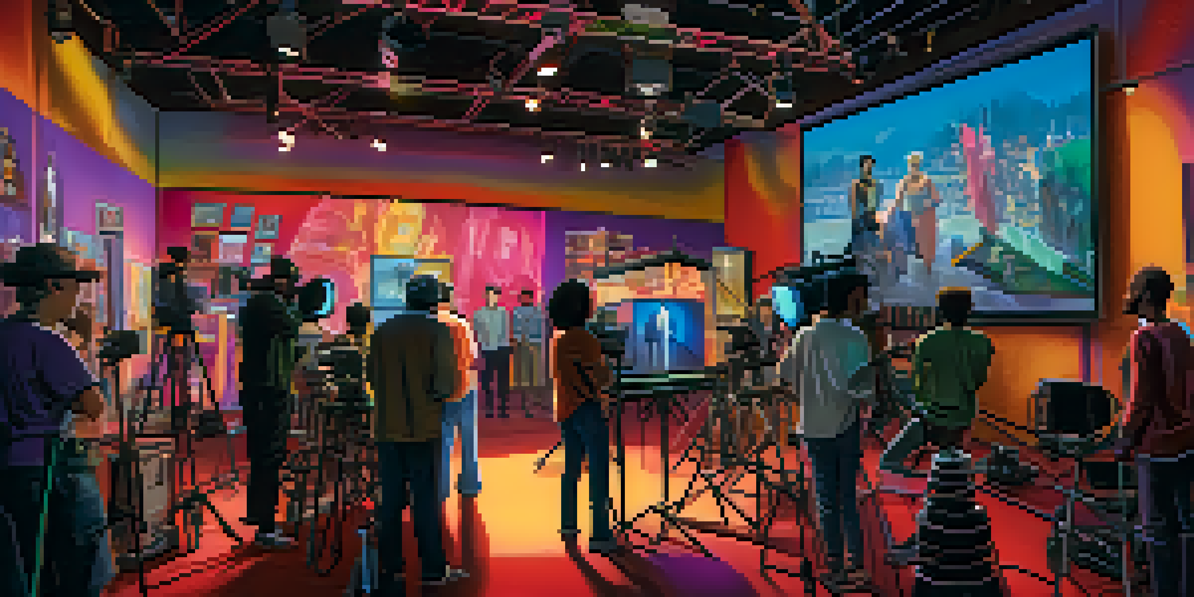 A diverse group of filmmakers discussing a project on a colorful film set with various equipment and a screen displaying international film scenes.