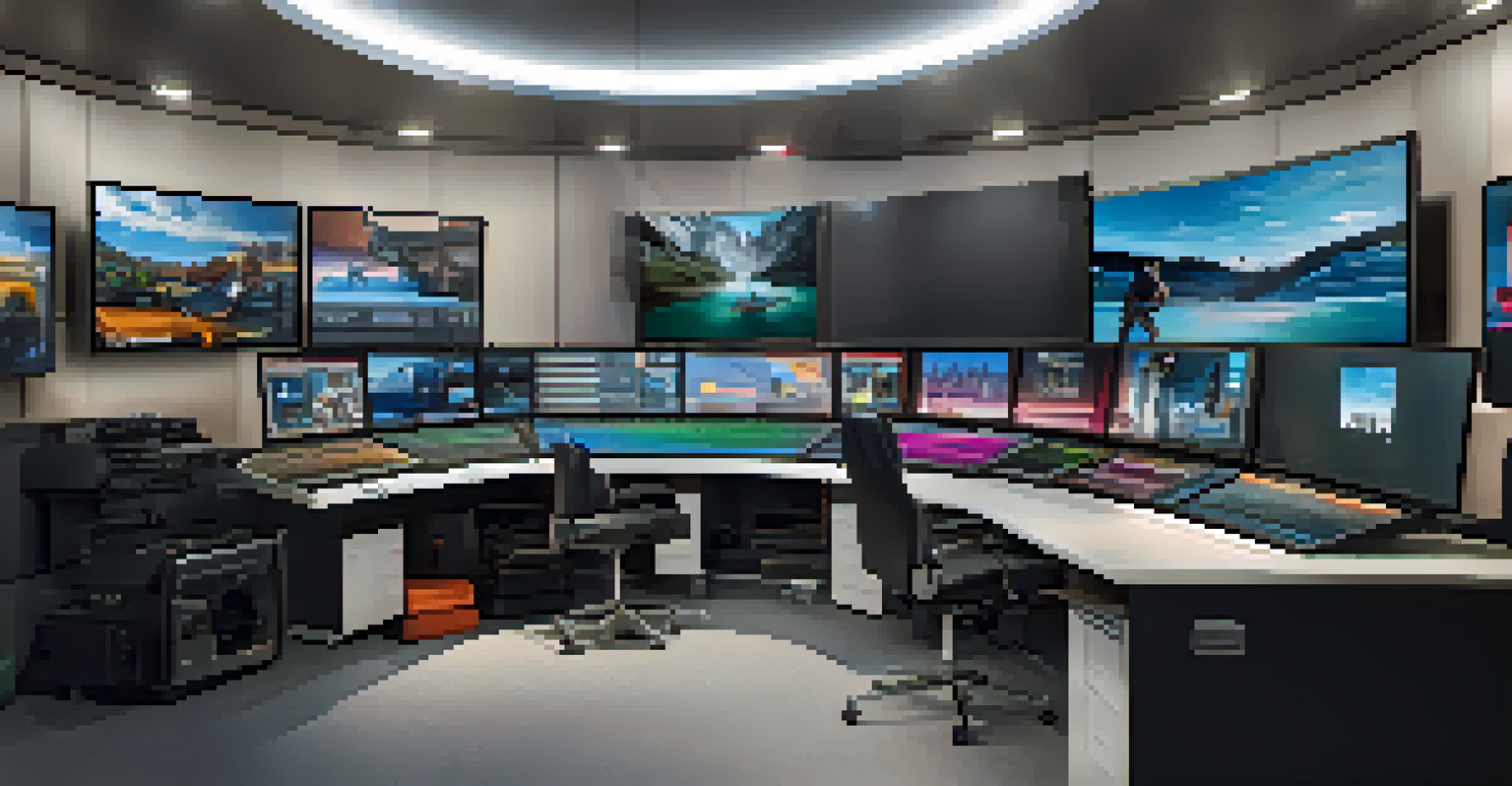 A modern film editing suite with filmmakers collaborating on vibrant film trailers, showcasing high-tech equipment and a contemporary design.