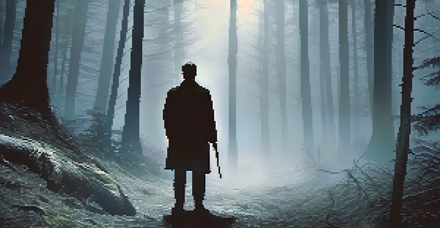 A shadowy figure in a foggy forest at night, with dark colors and sharp typography for a thriller film title.